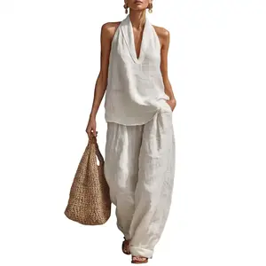 Bohemian linen two-piece set - perfect for beaches, vacations, and brunch! Sleeveless collar top, wide leg pants set, two-piece thread set, wide leg pants super fit, Bohemian fashion casual wear, women's fashionRAIMENTRY