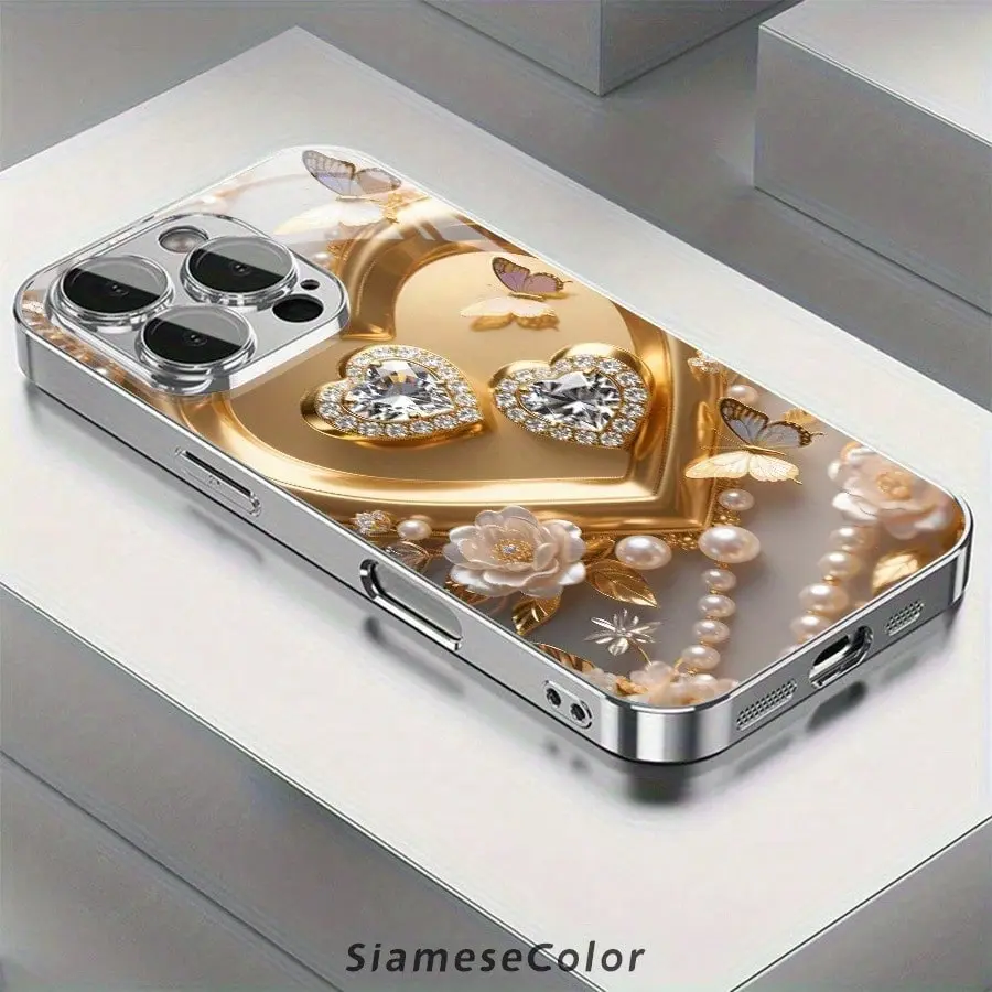 SiameseColor Luxury Look Gold Diamond Heart Pattern Smartphone Case for iPhone 17,16 Pro Max,15,14 Plus,13,12,11 - Non-slip,Slip-free Hold,Lightweight,Trendy Black Protective Cellphone Case