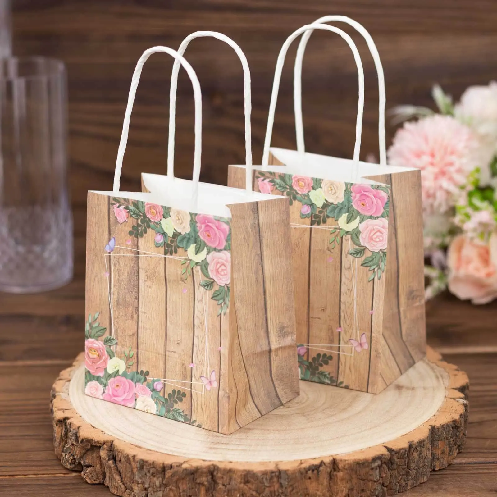 12-Pack Natural Wood Print Paper Party Favor Bags with Rose Floral Accent & Handles, Small Gift Wrapping Goodie Bags - 4"x5"