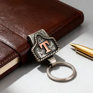 Handmade Cow Tag Belt Key Holder with Copper Initial - Custom Western Keychain, Texas-Inspired Fashion Accessory for Bags, Keys & Gifts