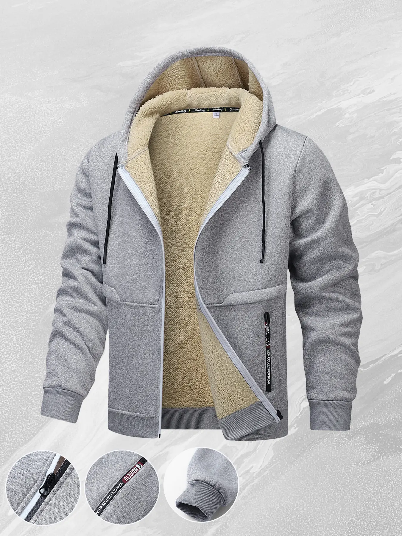 Men's Classic Fleece-Lined Hooded Jacket - Adjustable Fit Men's Fleece Jackets, Casual Plain Windproof Coat with Adjustable Hood, Ribbed Hem, Beige Tops