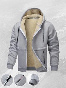 Men's Classic Fleece-Lined Hooded Jacket - Menswear, Stylish Plain Long Sleeve Fashion Coat, Skin-Friendly, Windproof, Adjustable Hood, Ribbed Hem, Autumn Urban Commuter Wear, Beige, Father's Day Gift