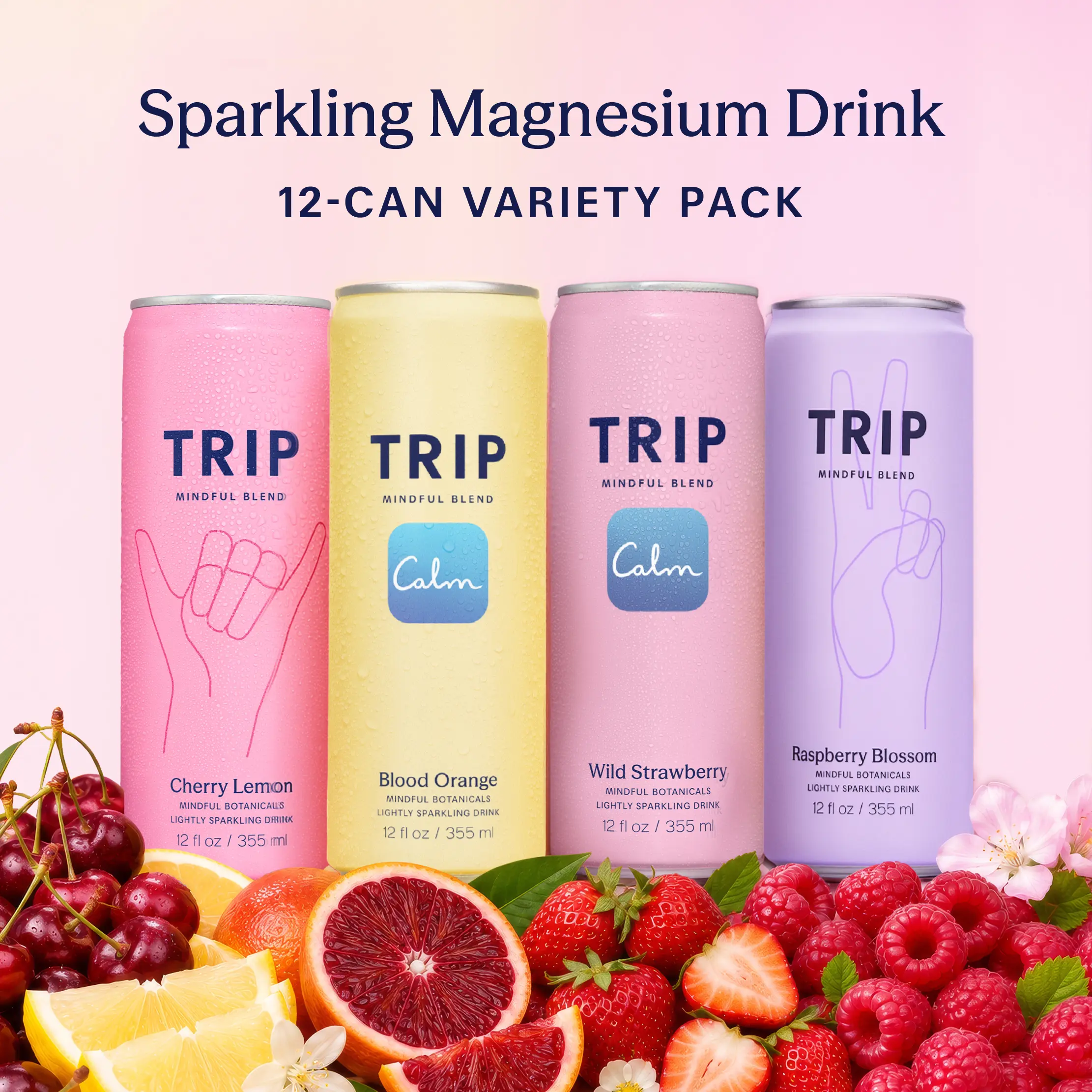 TRIP Citrus Berry Variety Pack Sparkling Magnesium Drink — 120mg Magnesium, Ashwagandha, Lion's Mane, L-Theanine, Non-Alcoholic, Low Calorie, Vegan (12-Pack, 12oz)