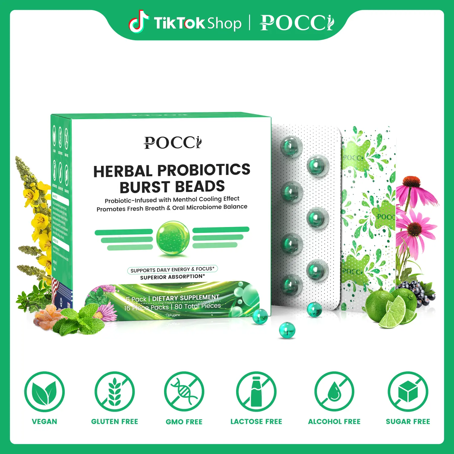 Pocci Herbal Probiotic Burst Beads with Mullein & Thyme, Daily Respiratory and Throat Gentle Maintenance Supplement for Adults, Long-Term Airway Comfort Care, Natural Herbal Multi-Pack Total 80 Beads, Sugar Free, Alcohol-Free