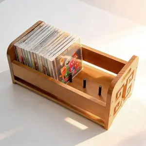 CD Holder,Solid Wood CD Stand and DVD Storage Rack for Display Premium DVD Organizer Rack with Handles for Home & Office Ideal for Music Enthusiasts Retro Style Light Brown (B)