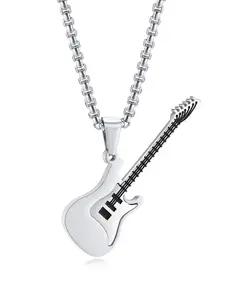 Hip Hop Guitar Pendant Necklace for Men Stainless Steel Titanium Jewelry Trendy Mens Accessories