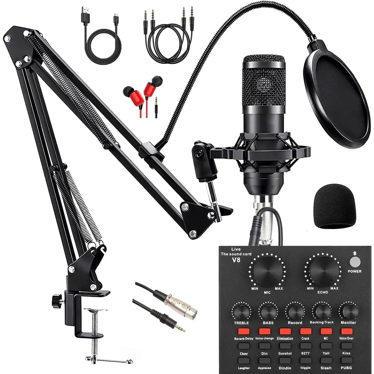 Podcast Equipment Bundle with BM800 Microphone, V8 Sound Card, Voice Changer, Audio Interface, Adjustable Mic Arm - DSP Intelligent Noise Reduction, Compatible with PS4, iOS, Android, Computers, Ideal for Recording, Streaming (V8-Black)