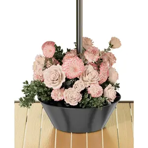 2-in-1 Umbrella Planter for Patio Table & Pole, Half Round Flower Planters Pots with Umbrella Hole Fits Poles Up to 2" Diameter, PVC  Planter Wrap Around Umbrella for Garden, Black