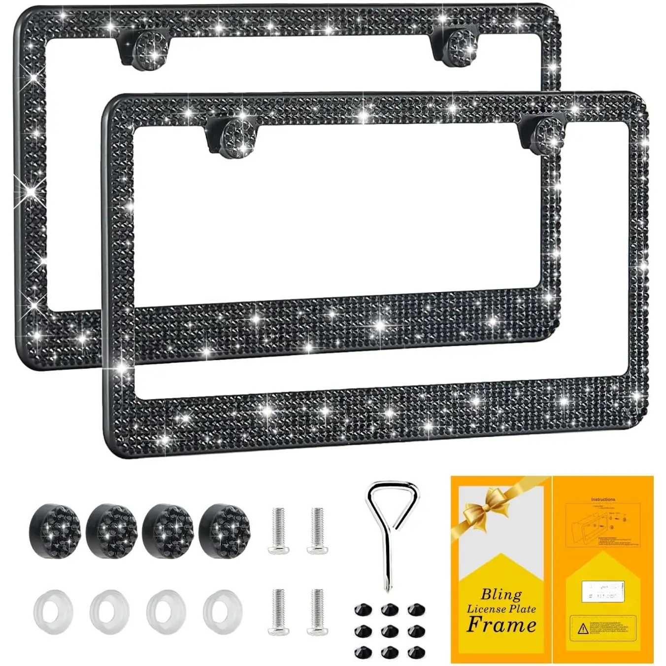 Bling License Plate Frame for Women,2 Pack  Stainless Steel Rhinestone License Plate Holder,Handmade Glitter   Girl Lincense Plate Tag Cover,Bedazzled Sparkly-Black
