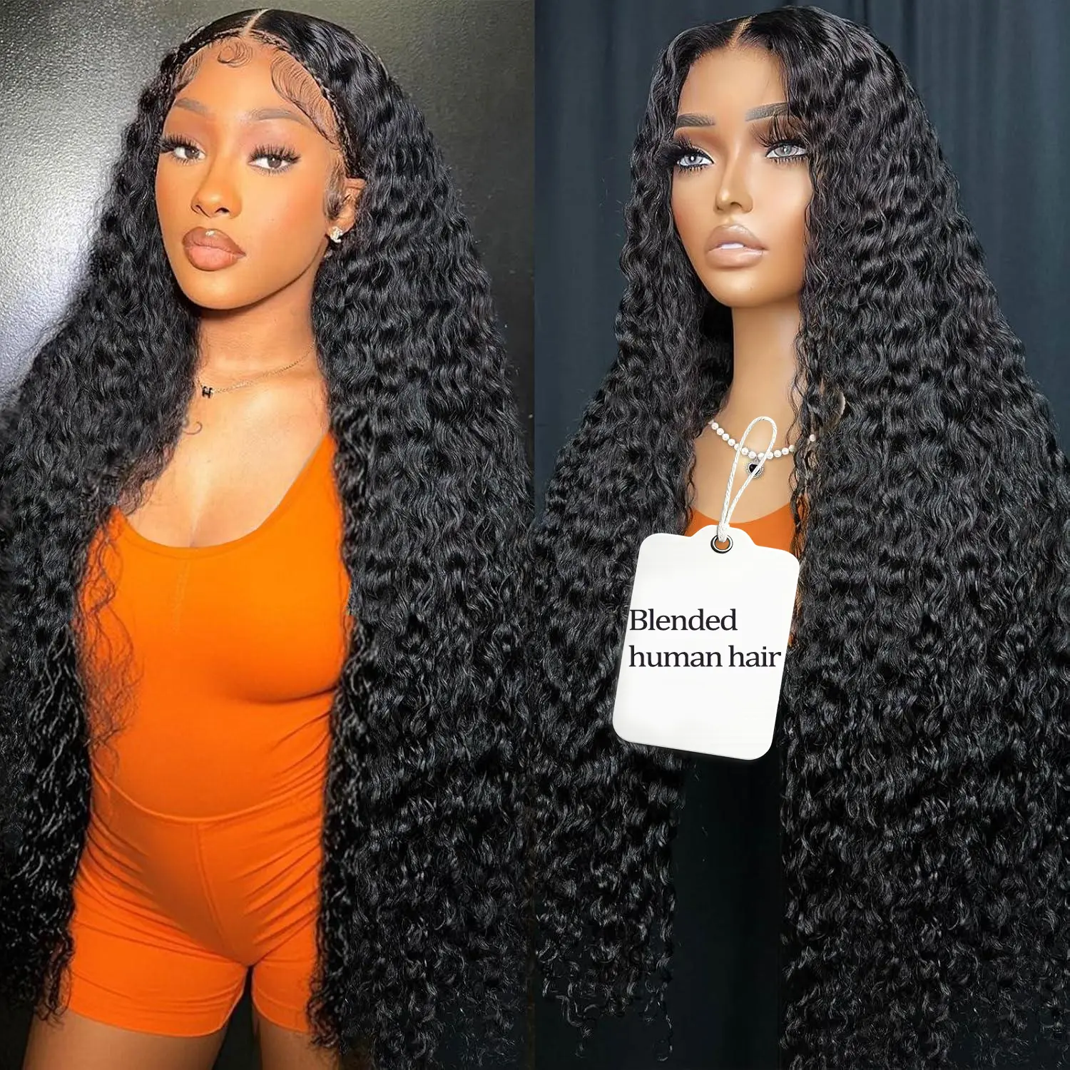 34 Inch Deep Wave Lace Front Wigs Blended Human Hair 200% Density 13x4 HD Lace Front Wigs Pre Plucked Deep Curly Wig for Women Natural Black
