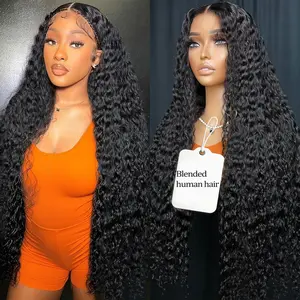 34 Inch Deep Wave Lace Front Wigs Blended Human Hair 200% Density 13x4 HD Lace Front Wigs Pre Plucked Deep Curly Wig for Women Natural Black