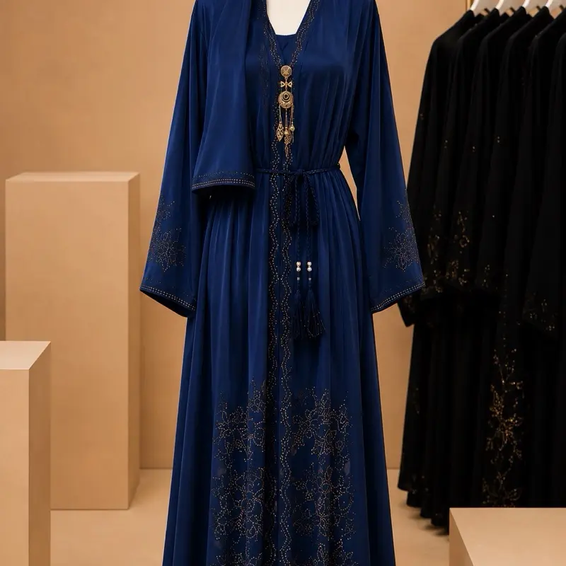 Luxury Navy Blue Embroidered 2-Piece Abaya Set with Matching Scarf