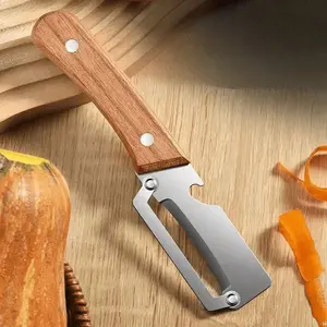 Premium Vegetable Peeler with Wooden Handle and Bottle Opener Stainless Steel Blade Kitchen Tool for Fruit Apple Potato Pumpkin Papaya Zucchini