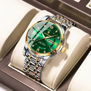 Men's Quartz Watch Two-Tone Stainless Steel Band, Luxury Emerald Green Sunray Dial with Roman Numerals, Day Date Calendar Waterproof Business Dress Wrist Watch for Men