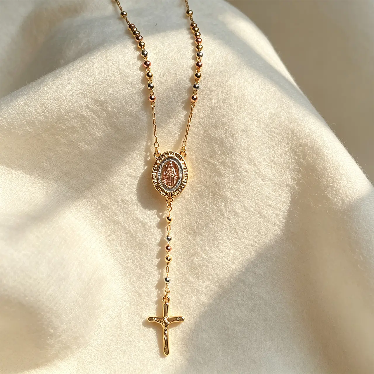 Dainty Gold Y-Necklace with Virgin Mary Medal & Cross | Elegant Beaded Rosary Chain for Everyday Layering Religious Symbol Jewelry Faith Pendant