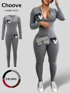 women's heart print zipper jumpsuit, fall outfits, casual long sleeve round neck jumpsuit for daily wear, skinny fall outfits, ladies clothes for fall