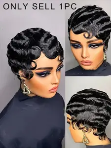 Finger Wave Wig Human Hair Wig for Women Short Ocean Wave Wig Curly Bob Wig Pixie Cut Wigs for Women Full Machine Made Wig 150% Density, Water Wave Wigs