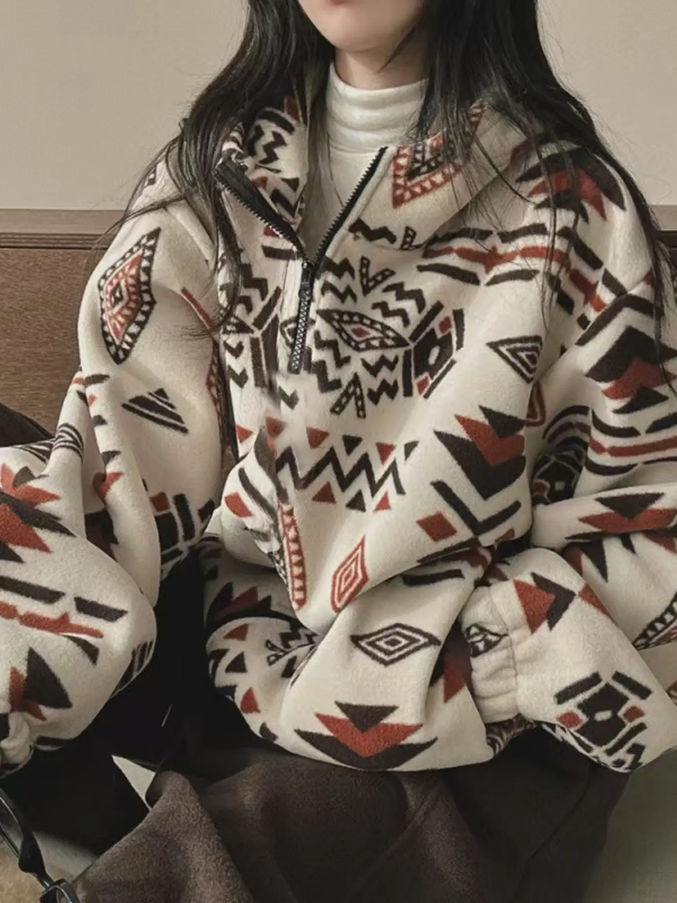 Women's Winter Versatile Loose Casual Ethnic Plush Sweatshirt Jacket Womenswear Aesthetics
