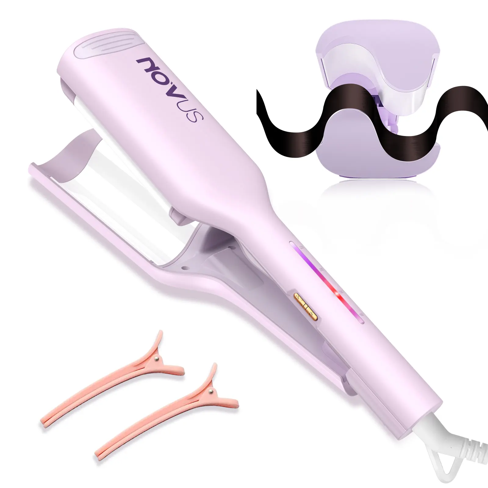 NOVUS Anti-Burn Hair Curling Iron Women's Double-Barrel Ionic Wave Curler 1.25-inch Quick Heat Ceramic Curl Wand 4-Speed Temperature Control for Wide-Deep Waves