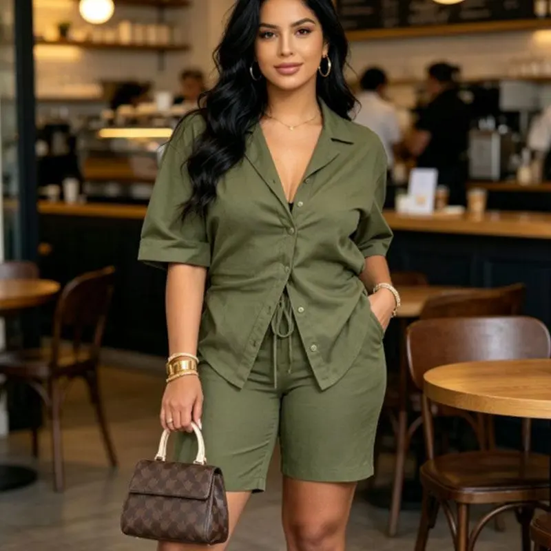 Women's 2-Piece Essential Basic Set - Comfortable Plain 3/4 Sleeve Button Blouse, Adjustable High Waist Shorts, Lightweight Summer Workwear Outfit