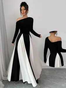 Elegant One-Shoulder Maxi Dress, Off-The-Shoulder Ruched Waist Gown, Vintage Slimming Party Long Dress, Patchwork Evening Gown, Formal Wear Chic Womenswear
