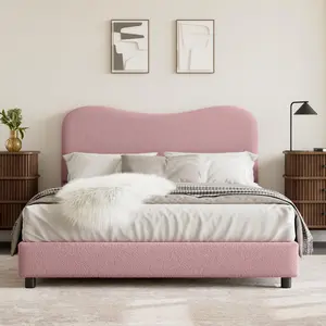 Queen Bed Frame for Kids with Velvet Upholstered Headboard, Cute Low Profile Platform Bed for Girls and Boys, No Box Spring Needed, Strong Wooden Slats, Noise Free, Easy Assembly, Pink