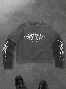 Men's Y2K Trash Rock Graphic Tribal Pattern Faux Two-Piece T-Shirt, Washed Effect Long Sleeve, Arm Tattoo Print, Streetwear for Hip Hop, Skateboard, Casual Alternative Style, Fashion, Menswear