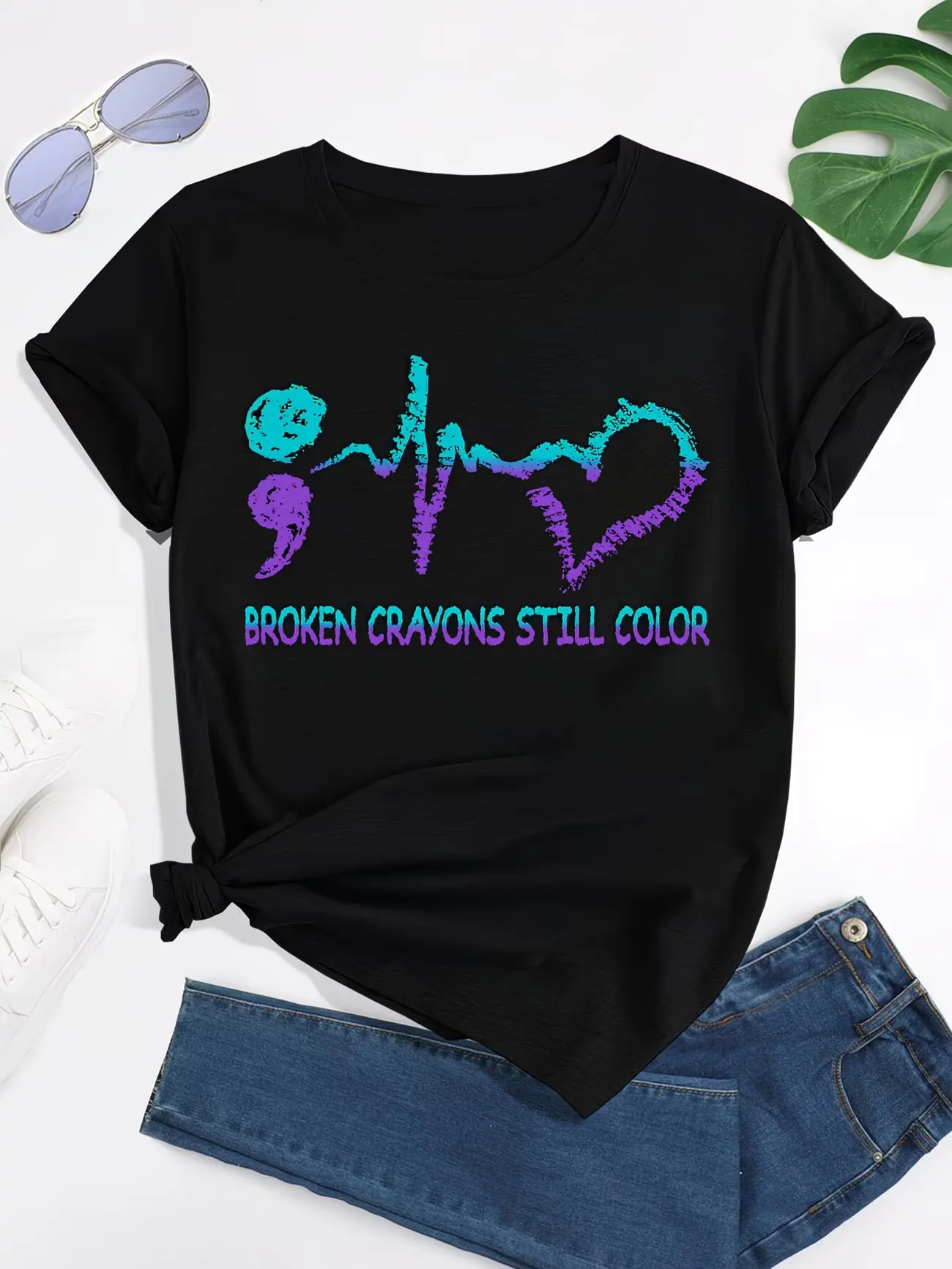 Broken Crayons Still Color Suicide Prevention Mental Health Print T-shirt, Short Sleeve Crew Neck Casual Top for Summer & Spring, Women's Clothing