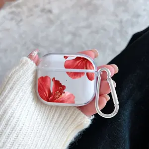 Crimson Hibiscus Grace Pattern TPU Soft Protective Case for Apple AirPods 4/3/2/1/Pro/Pro2 Transparent Earphone Cover with Keychain Attachment
