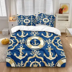 Nautical Anchor Lifebuoy Bedding Set, Includes Duvet Cover & Pillowcases, Soft Comfortable, Ideal for Bedroom Hotel School Dormitory