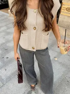 Sweaters for Women Early Fall Retro Knit Sweater Vest, Gold Button Sleeveless Cardigan, Cropped Loose Womens Tops, French-Inspired Casual Sweater Vest for Work, Dates, Coffee Runs and Streetwear