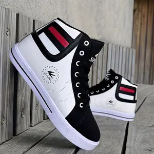 Men'S High-Top Sneakers - Stylish Black and White with Red Accents, Lace-Up Skateboard Shoes, Comfortable Fabric Lining, EVA Sole, Round Toe Design for All Seasons, Plus Size 39-48 Training Closed Boy Running Athletic Trainer Runner Casual Footwear