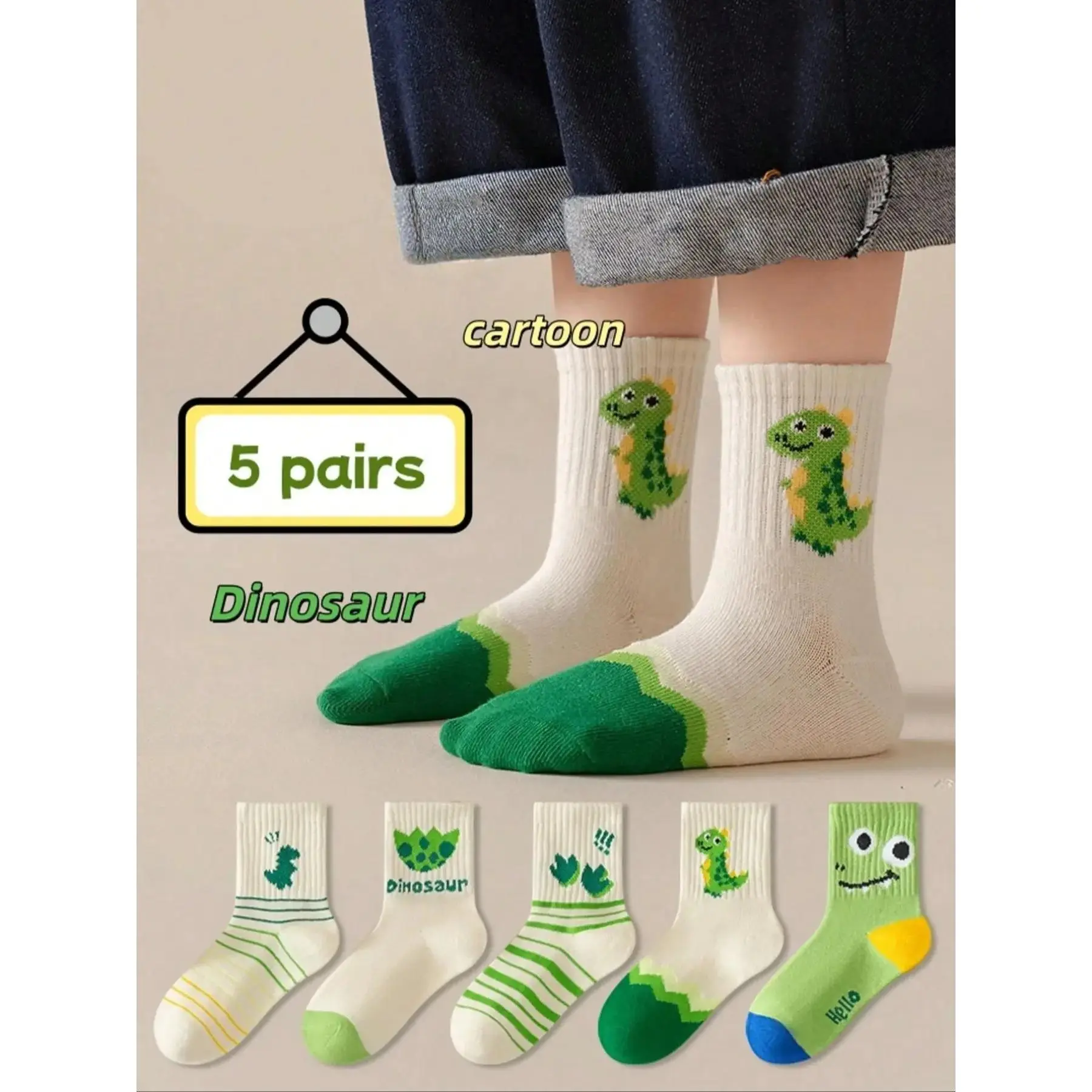 Kids' 5-Pairs Dinosaur Socks Set, Fun Cartoon Dinosaur Egg Pattern, Soft Fabric Calf-High Comfortable Socks, Unisex All Seasons, for 2-4y/4-7y/2-10y Boys and Girls, 2-10 Years, Cartoon Print, Comfortable Wear