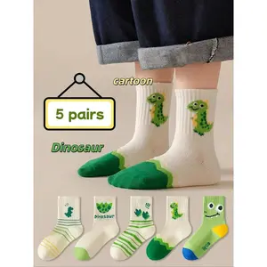 5 Pairs Kids Dinosaur Socks Set, Fun Cartoon Dinosaur Egg Design, Comfortable Soft Mid-Calf Socks, Unisex All Seasons, Boys and Girls