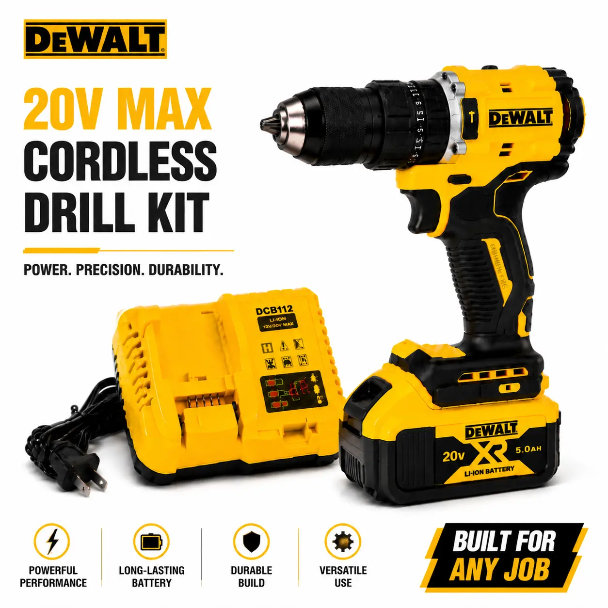 DEWALT Cordless Drill Set, Powerful Drilling & Screwdriving, Durable Metal Gear & Reinforced Housing, Compact Ergonomic Design, Rechargeable Power Tool Kit, DIY Home Repair, Woodworking, Garage & Workshop
