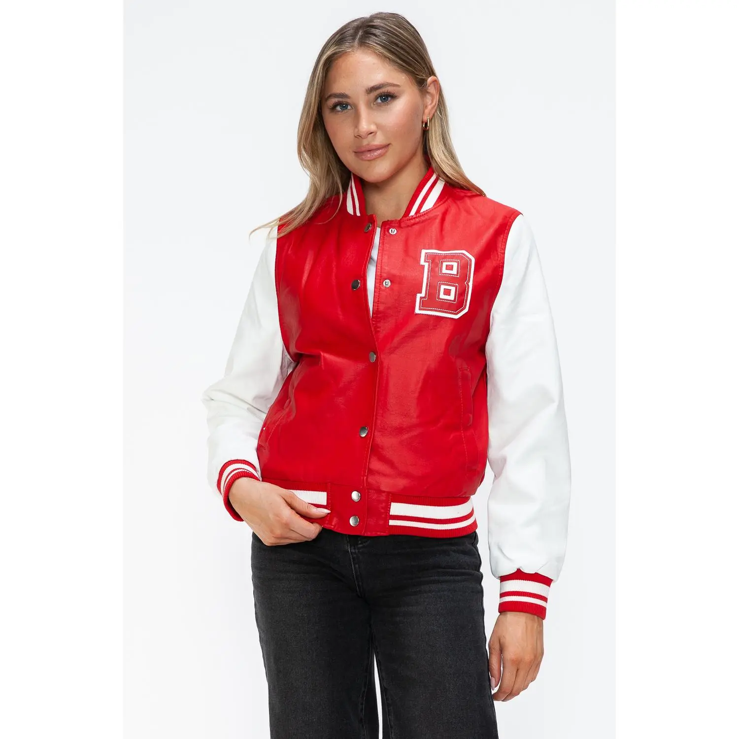 Love Me Now PU Leather Contrast Snap Down Bomber Jacket