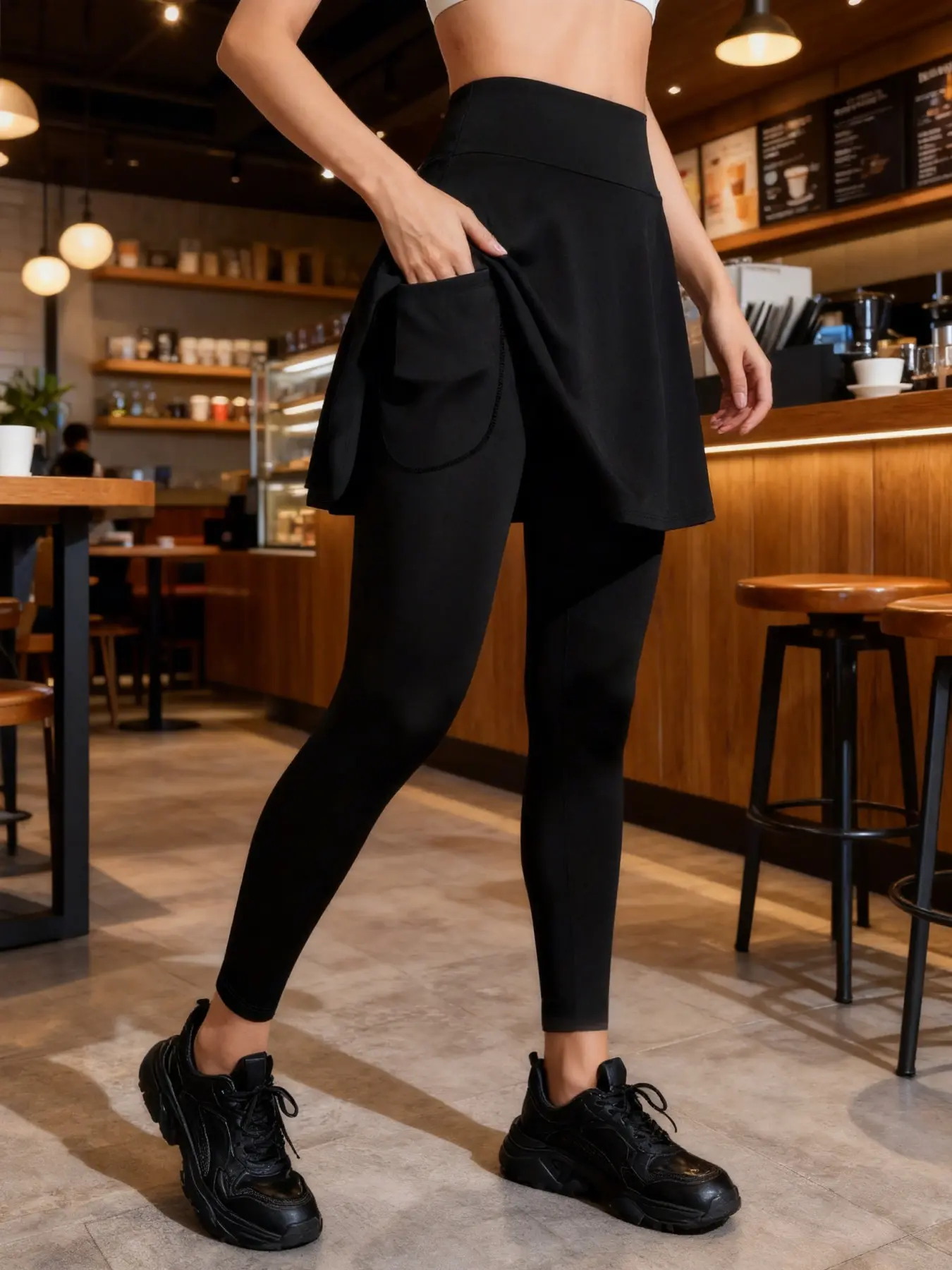One-piece women's fake, two-piece skirt-style pocket yoga pants, high-waisted, high-elasticity, cross-covering and anti-glare culottes, fitness pants, High Elastic Activewear, Activewear Bottoms