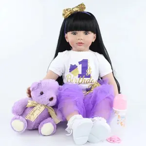 22" Realistic Newborn Baby Girl Doll with Long Black Hair, Soft Vinyl Body, Lifelike Features & Expressive Details, Includes Baby Bottle & Birth Certificate - Perfect Christmas Gift for Kids Ages 3-6