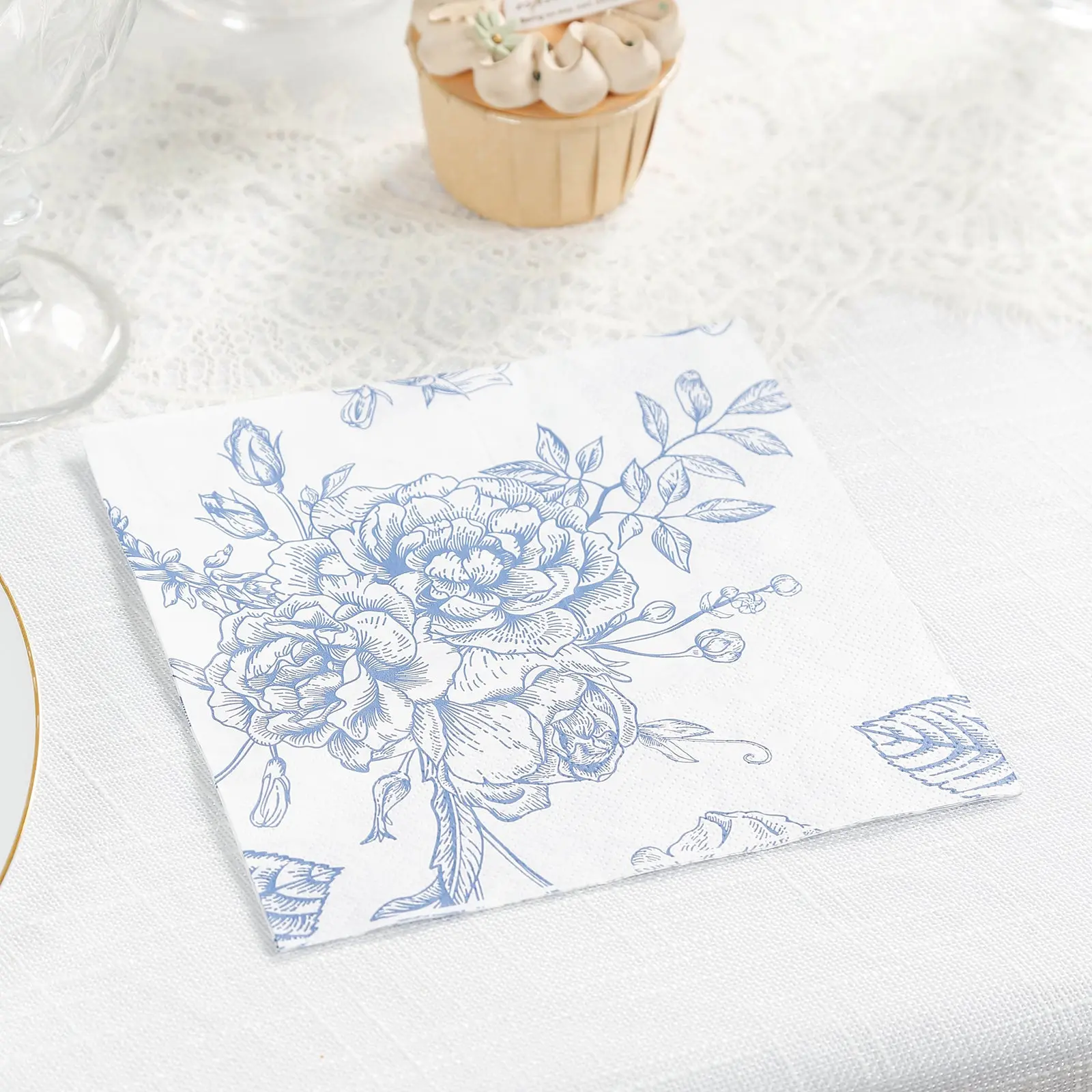 50-Pack Disposable 2-Ply Matte Finish Blue and White French Toile Floral Paper Cocktail Napkins, Highly Absorbent Soft Napkins Bulk for Party Beverage, Event Planners, Restaurant Tableware Needs, Birthday