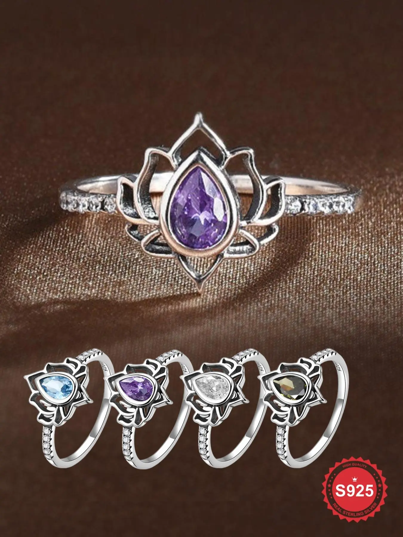 S925 Sterling Silver Lotus Design Ring, Artificial Zircon Decor Ring, Statement Ring, Fashion Rings, Fashion Jewelry Accessories for Women & Girls, Trendy All-match & Exquisite Jewelry for Birthday Gift