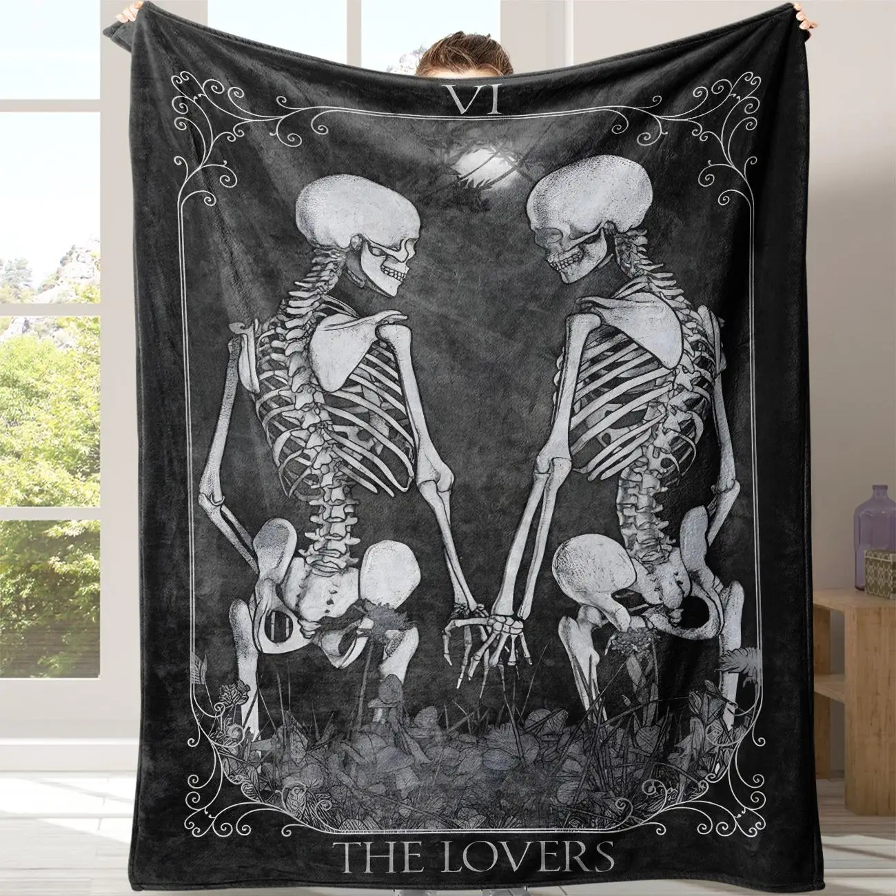 Gothic Skull Print Flannel Blanket, Casual Soft Throw Blanket with Storage Bag, Warm Napping Blanket for Home Office School Travel