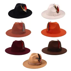 Men's Women's British Style Bow Feather Decorated Wide Brim Fedora Hat Panama Jazz Cap Casual Hat Fashion Matching Hat
