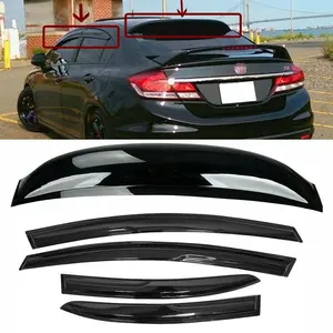 Fit 06-11 Honda Civic 4DR Sedan Mugen Style Wavy Window Visor + Rear Roof Visor | Smoke Rain Guard Deflector Set | JDM Side Window Visors with Roof Spoiler