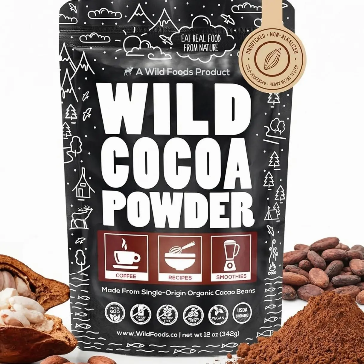 Wild Foods Organic Cocoa Powder | Single Origin Unsweetened Keto Chocolate Powder for Cooking & Baking | 100% Natural Cacao Beans | Sugar Free Non Dutch Raw Superfood | 12 oz