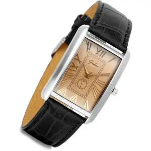 Retro Vintage Square Quartz Analog Watch Silver Tone Case Crocodile Pattern Brown Leather Business Casual Dress Wrist Watch