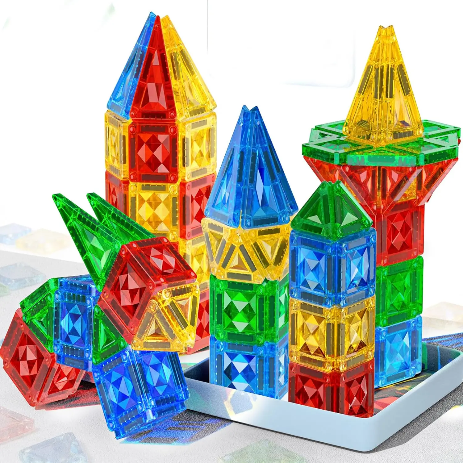 FunOddity Unisex 60pcs ABS Plastic Mini Magnetic Tiles Sturdy Building Set - Interlocking Building Block, Construction Toy with Diamond Cut Edges, Metal Box, STEM Montessori Sensory Toy for Kids Ages 3-8