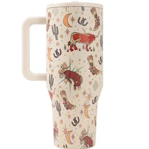 HydroJug 40oz Western Cowboy Tumbler with Handle & Straw, Stainless Steel Insulated Cup, Vintage Boho Desert Cactus Longhorn Print, Leakproof Travel Mug for Coffee, Water, Cold/Hot Drinks, Cowgirl Gift | Perfect for Road Trips, Office, Gym & Daily Use