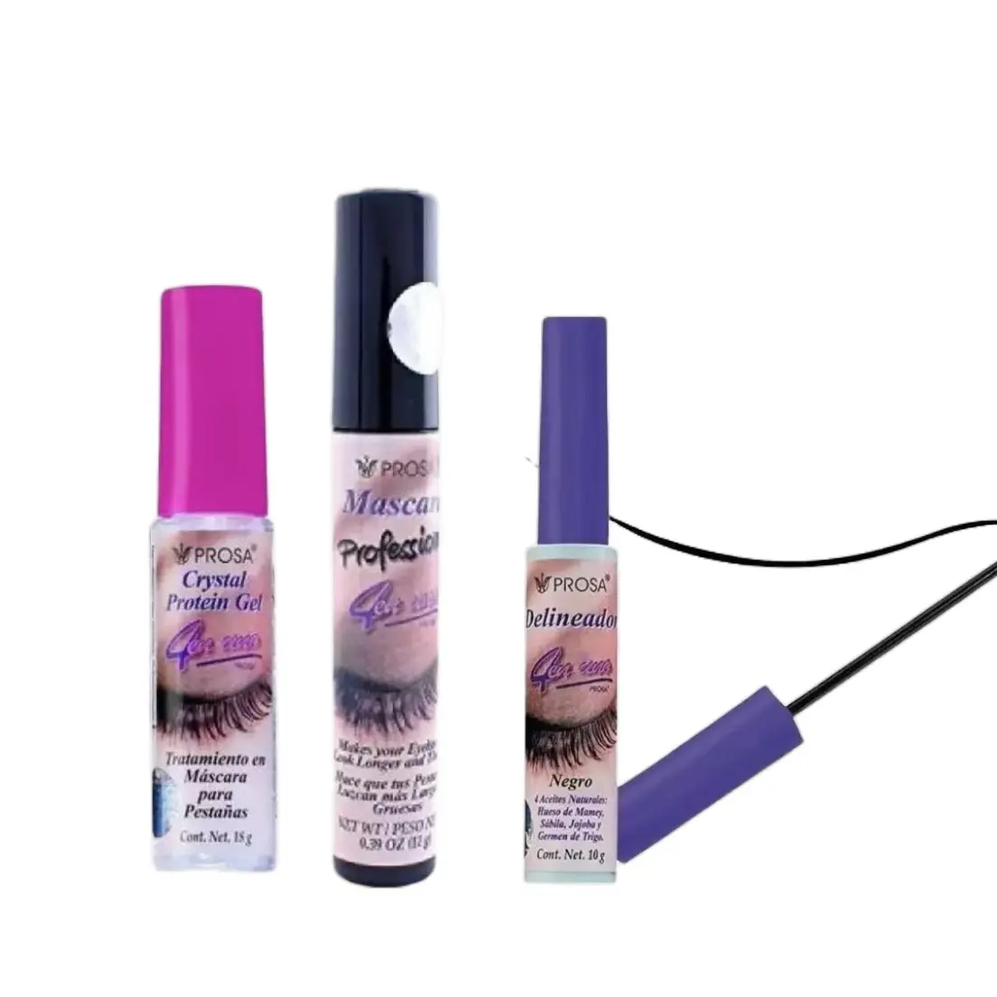 Prosa Set of 3 Includes Profesional Mascara, Black Eyeliner, and Crystal Protein Gel Eyelashes Mask Treatment