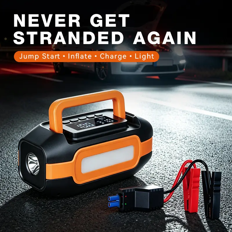 2026 New Portable Car Jump Starter (with Air Compressor): Features a 74Wh jump starter, tire inflator, LED emergency flashlight, and USB power bank function; suitable for sedans, SUVs, motorcycles, bicycles, and more.