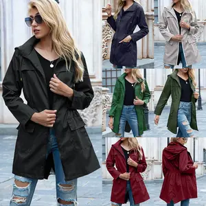 European & American Autumn Winter New Hooded Waist-Cinching Raincoat Women's Long Sleeve Fitted Rainwear Outdoor Hiking Jacket Coat Tops Basic Casual Minimalist Grey Red Black Green
